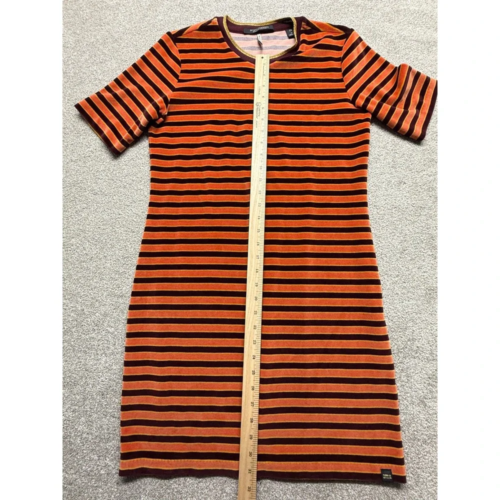 Scotch Soda Maison Striped Velvet‎ Zip Neck Dress Orange Burgundy M